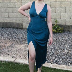 Showpo Blue Midi Satin Dress with Slit and Tie Size 6 (US)